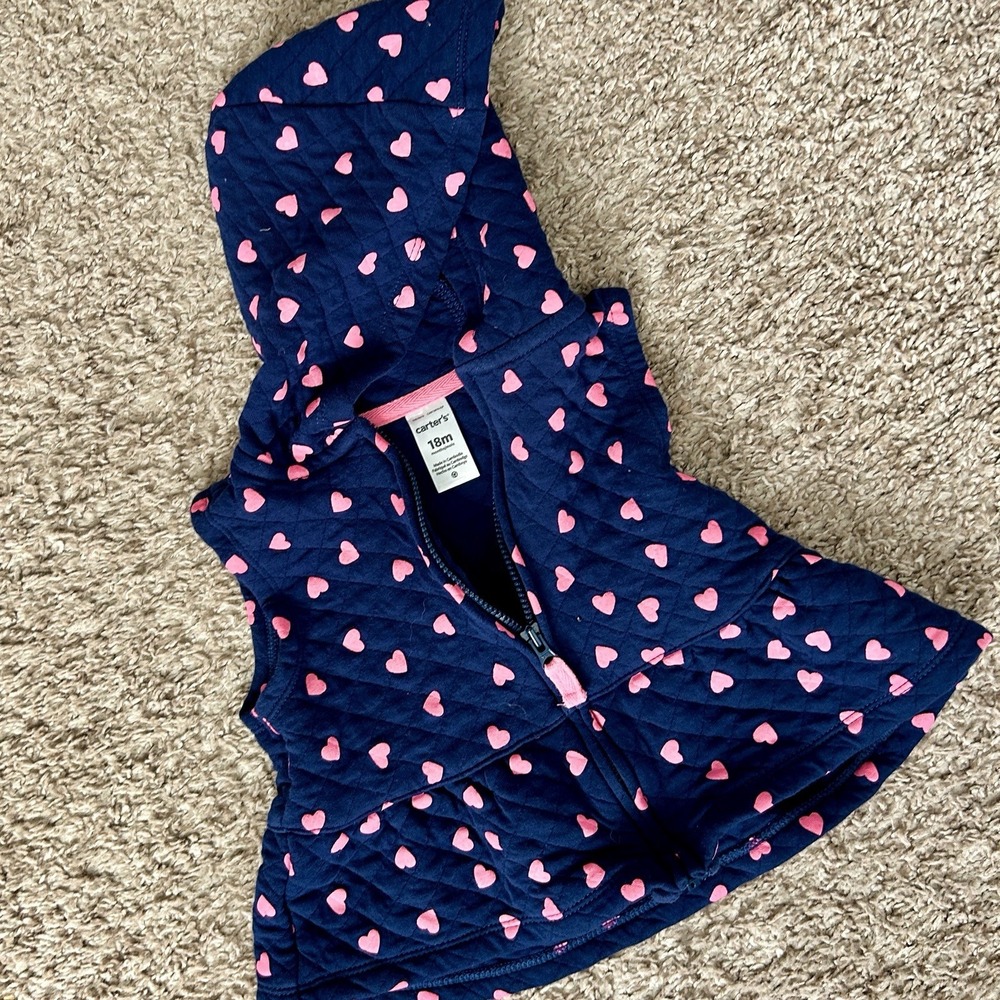 Carters Baby Girls Navy Blue Pink Hearts Quilted Hooded Vest I Size 18M‎